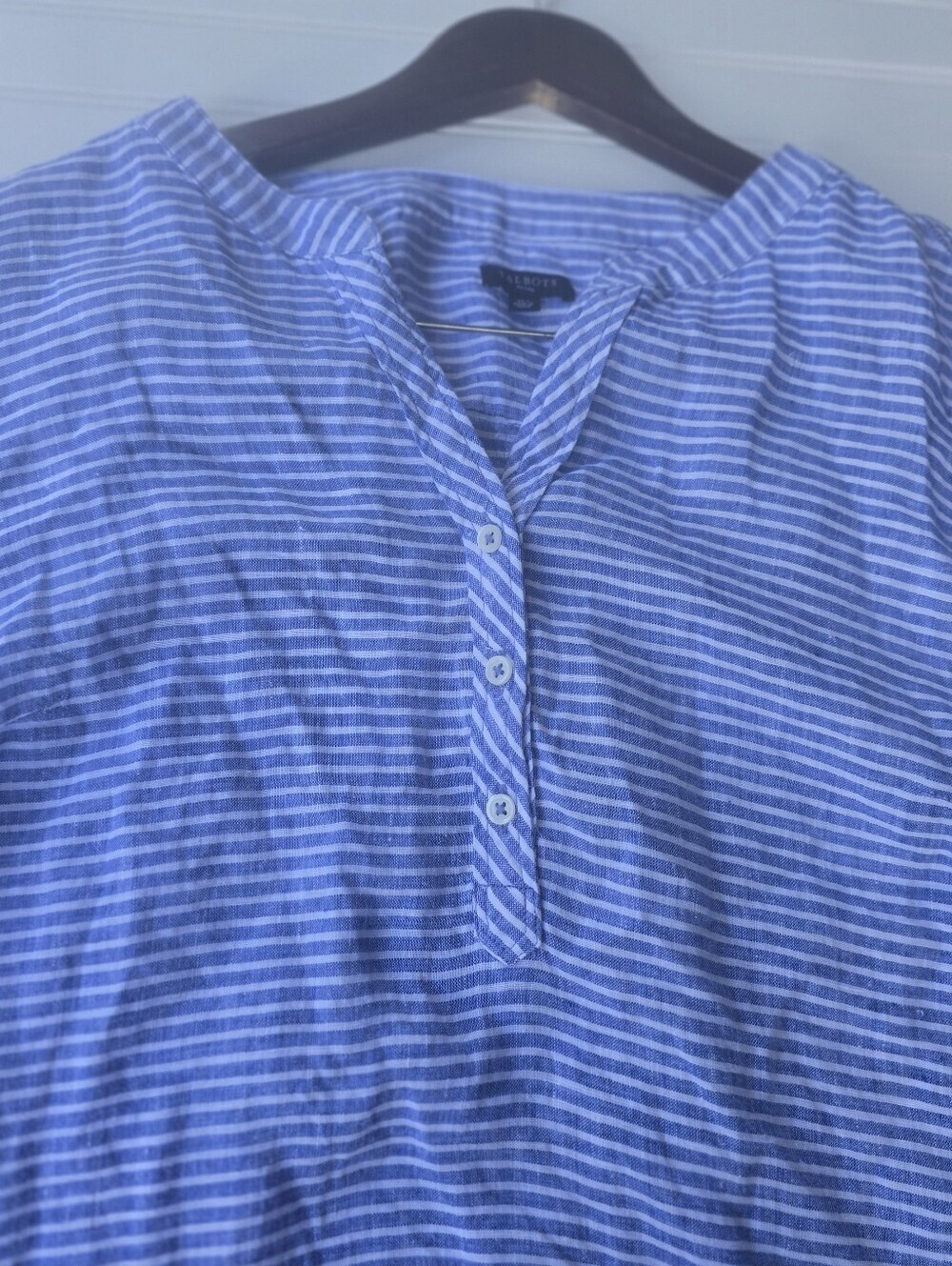 Talbots Blue White Striped 100% Linen Popover Blouse Top Roll Tab XLP - Picture 8 of 14